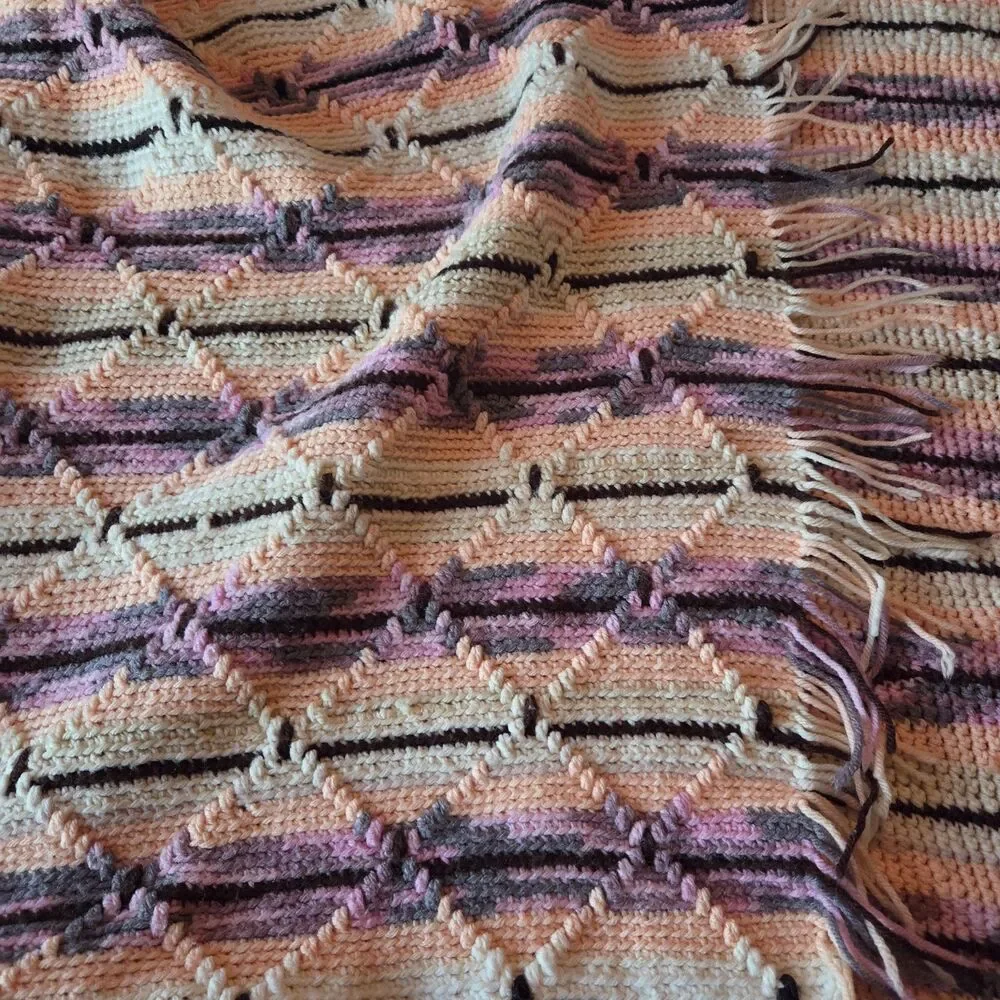 VTG Crochet Afghan Blanket Throw Pink Peach White Diamond
